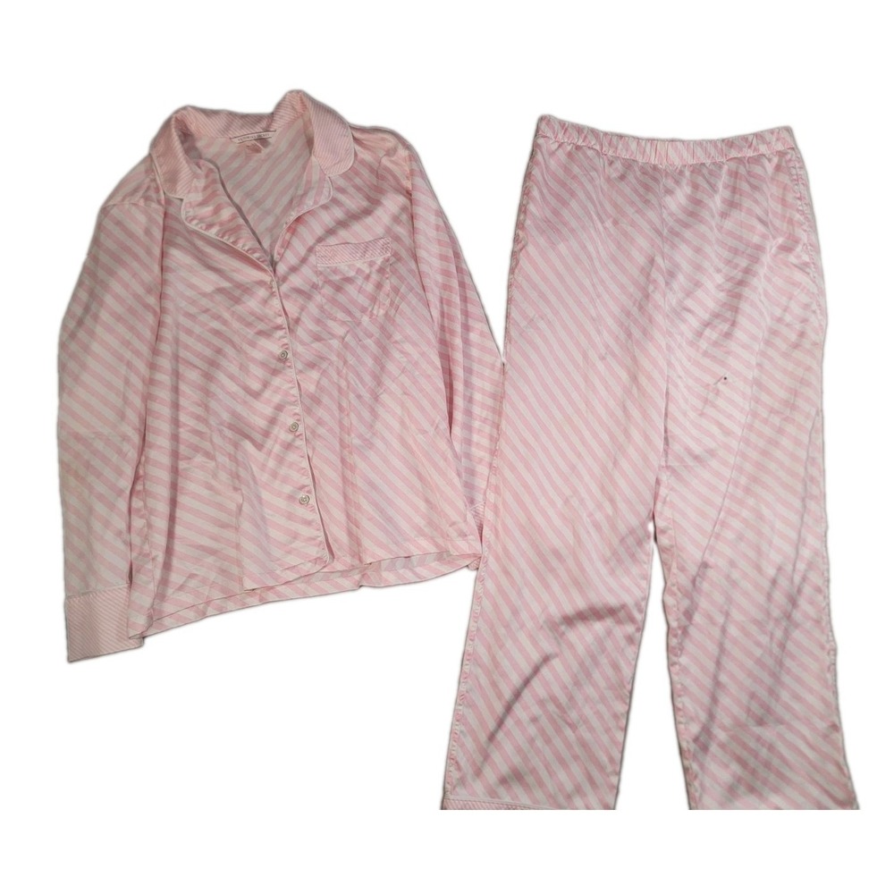 Victoria Secret Pajama Set Size Medium Pink White Stripe Satin Button Top Pants‎